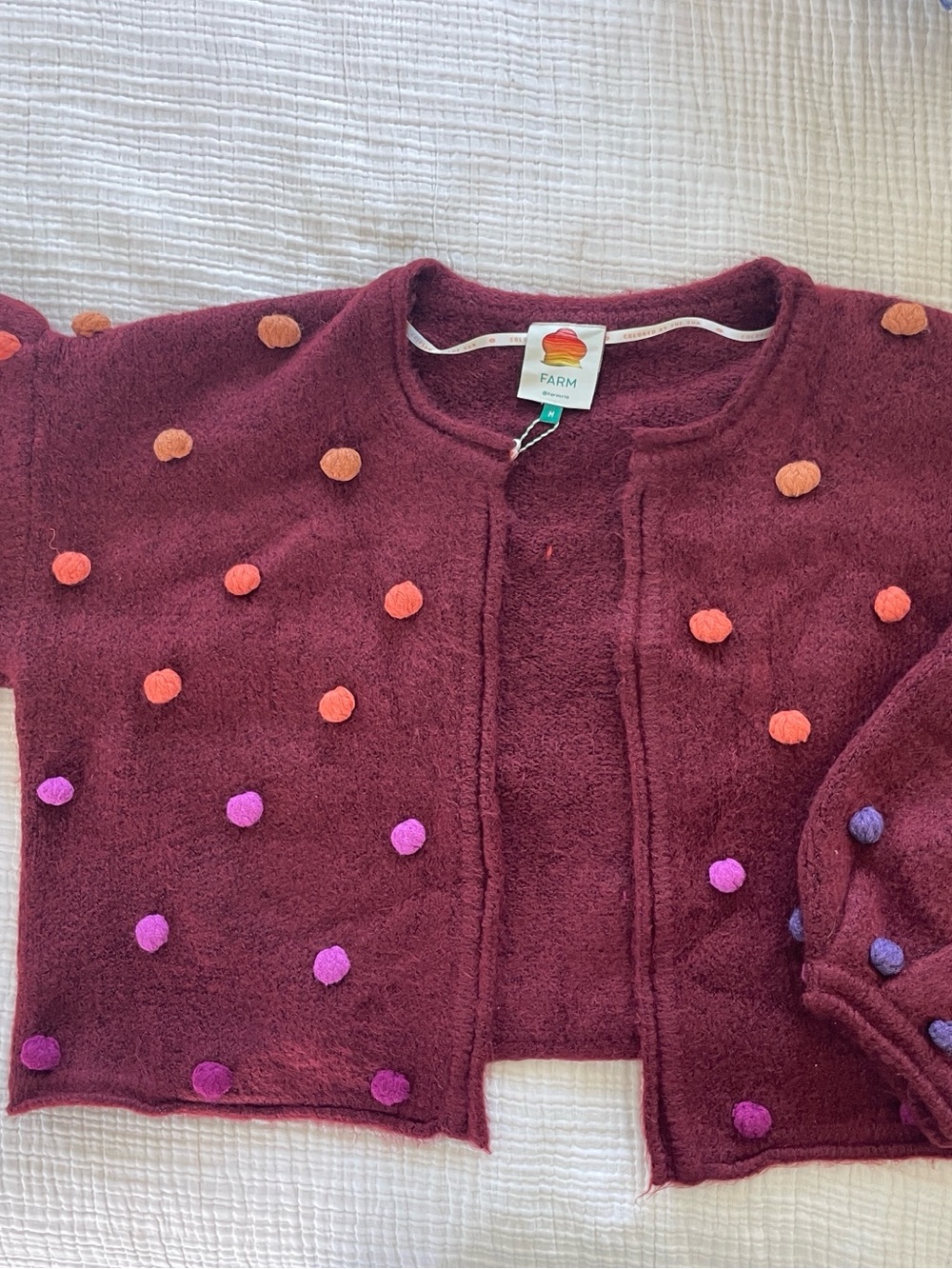 FARM Rio Burgundy Pom-Pom Knit Cardigan size M - Picture 1 of 3